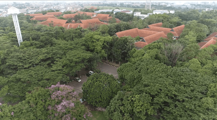 Telkom University landscape frome drone, kampus universitas swasta terbaik di bandung indonesia
